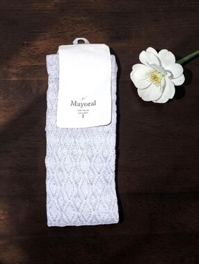 Mayoral Diamond Textured Footed Tights Oatmeal Metallic Threads Size 2 NWT